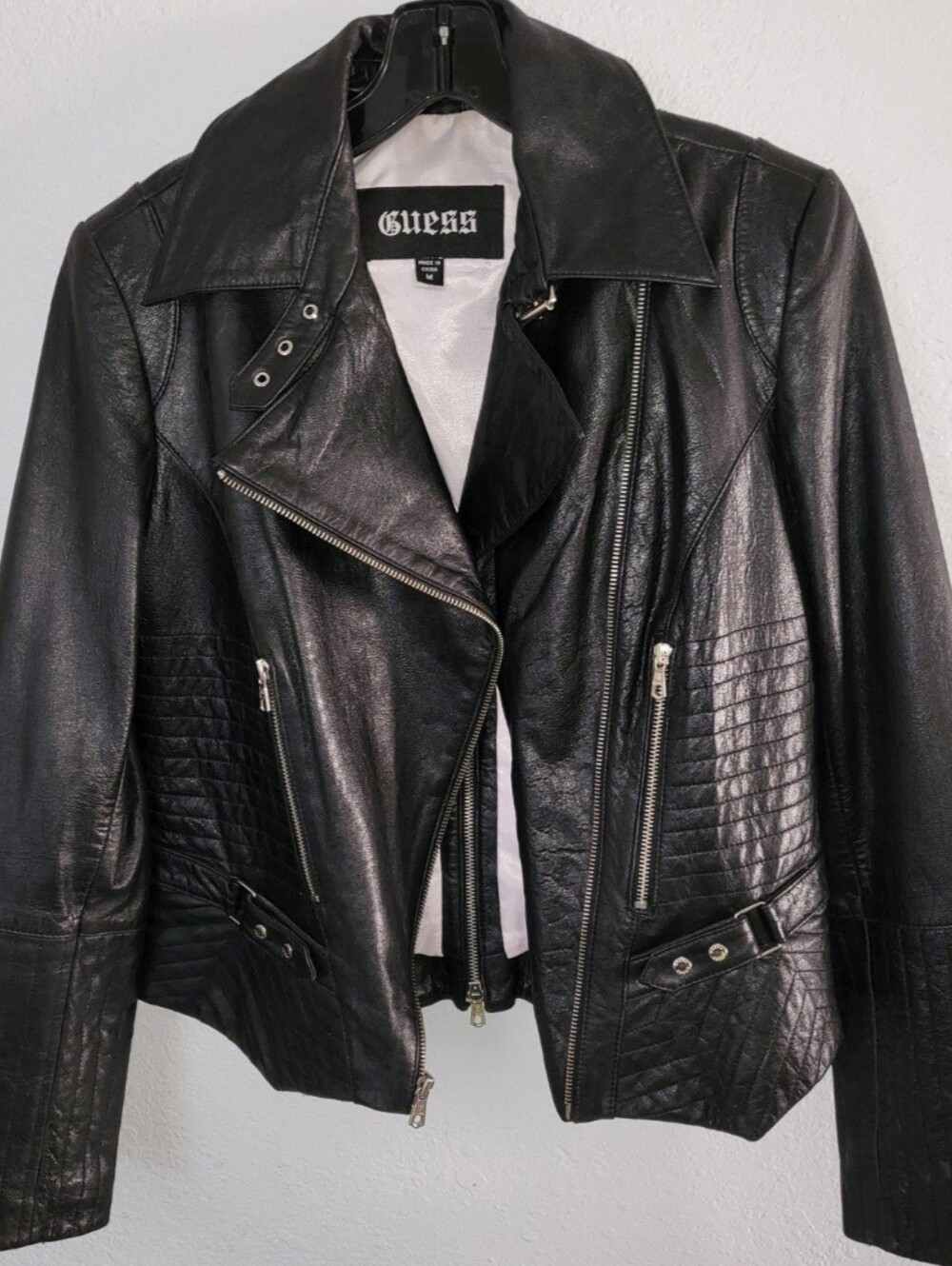 GUESS Black 100% Leather UNIQUE Moto Jacket